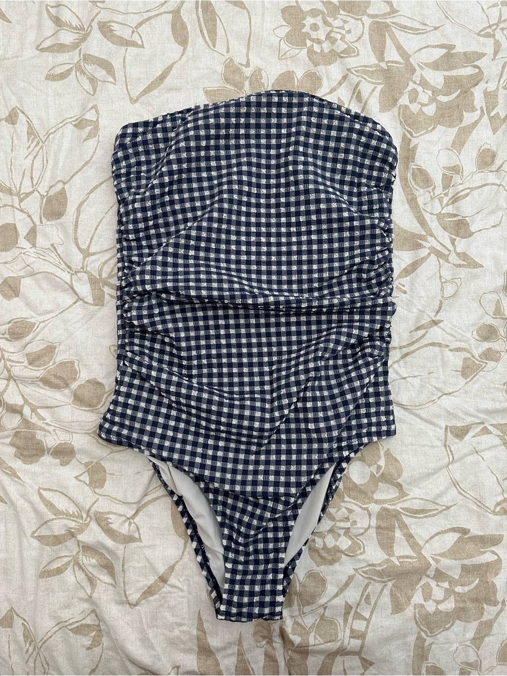 J. Crew Navy and White Gingham Strapless One-Piece